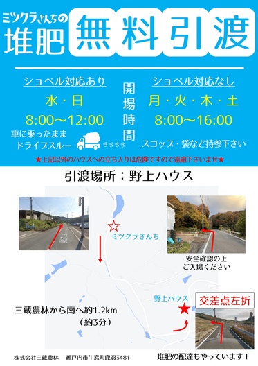  『ミツクラさんちの堆肥』引き渡し場所のご案内